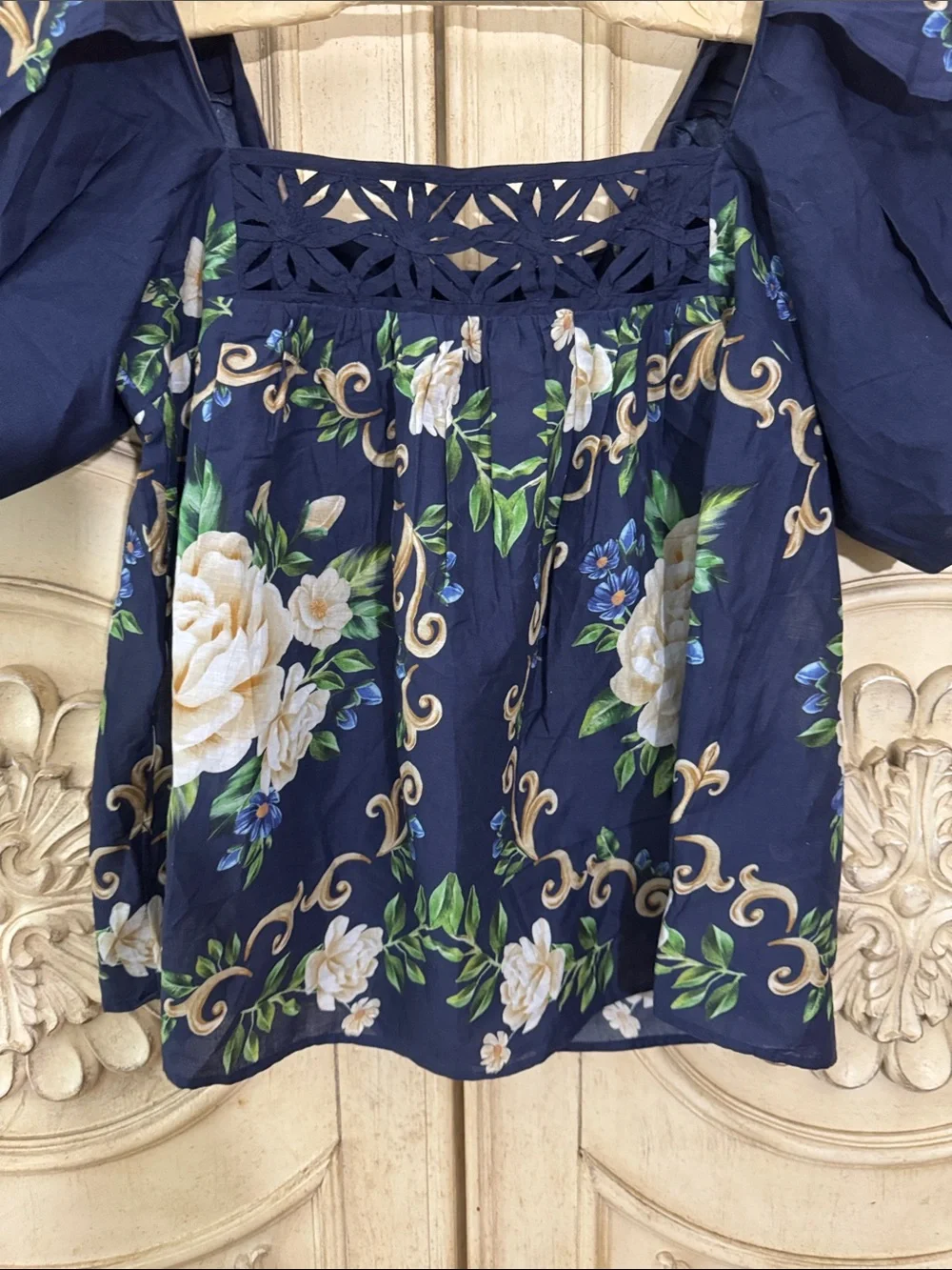 Farm Rio FLOWER TAPESTRY BLUE FLOWERED YOKE BLOUSE Size XSmall